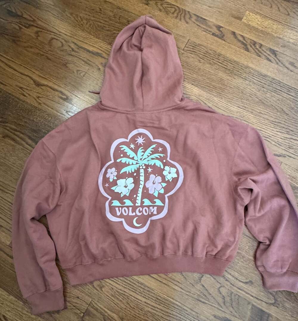 Volcom Beach Bum Crop Hoodie Size L Pink Palm Tree Graphic